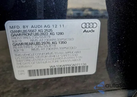 2012 Audi Q5 Premium Plus z USA, uszkodzony, nr VIN WA1DKAFP6CA071136
